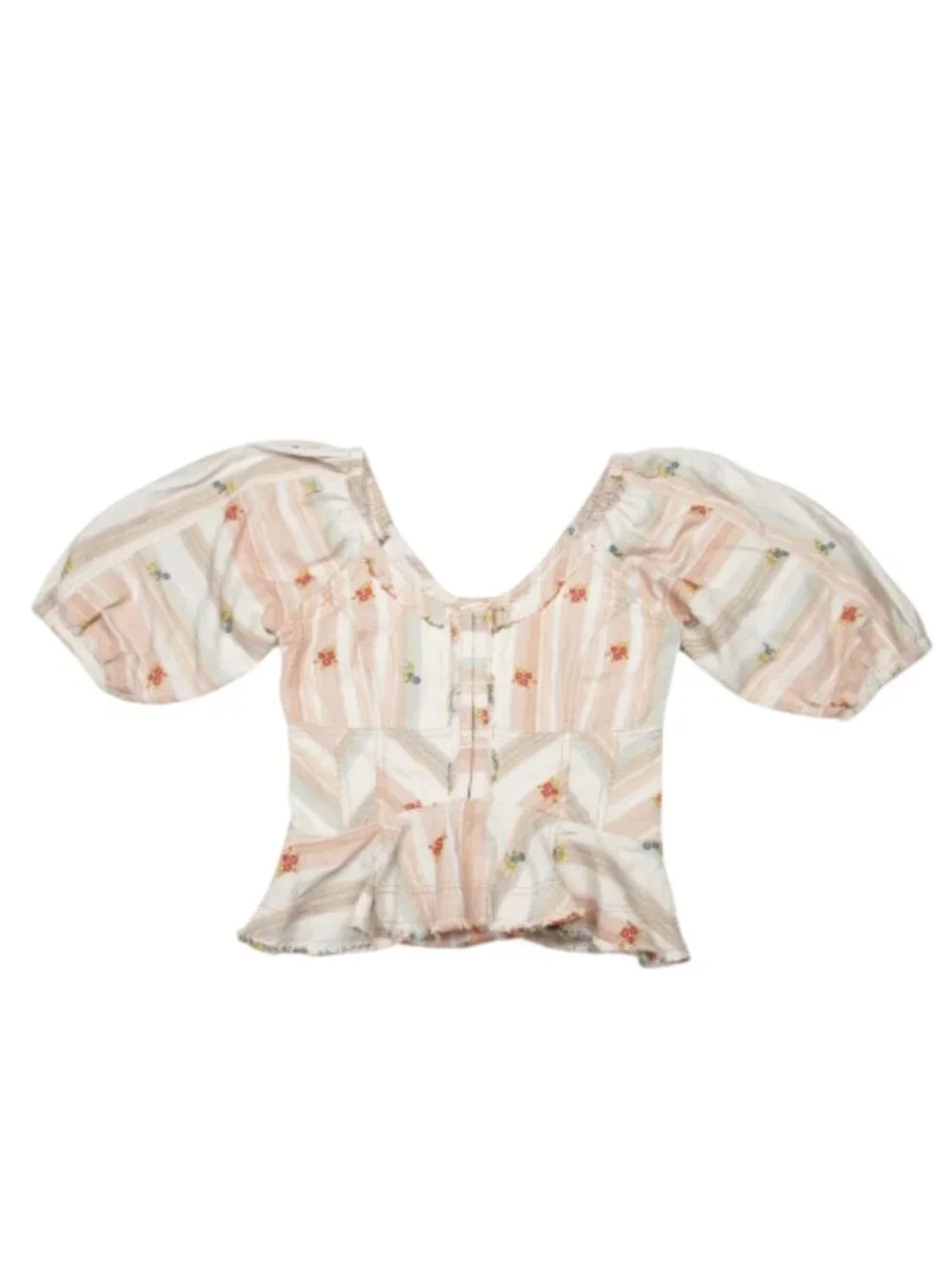 Anthropologie Pilcro Puff-Sleeve Peplum Blouse Neutral Motif Floral Cream M